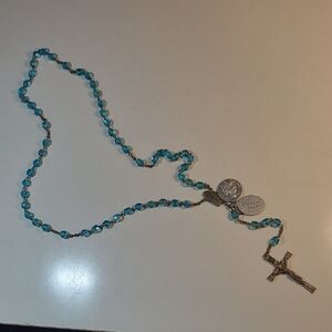 Elegant Blue Rosary Cross Necklace - St. Ann